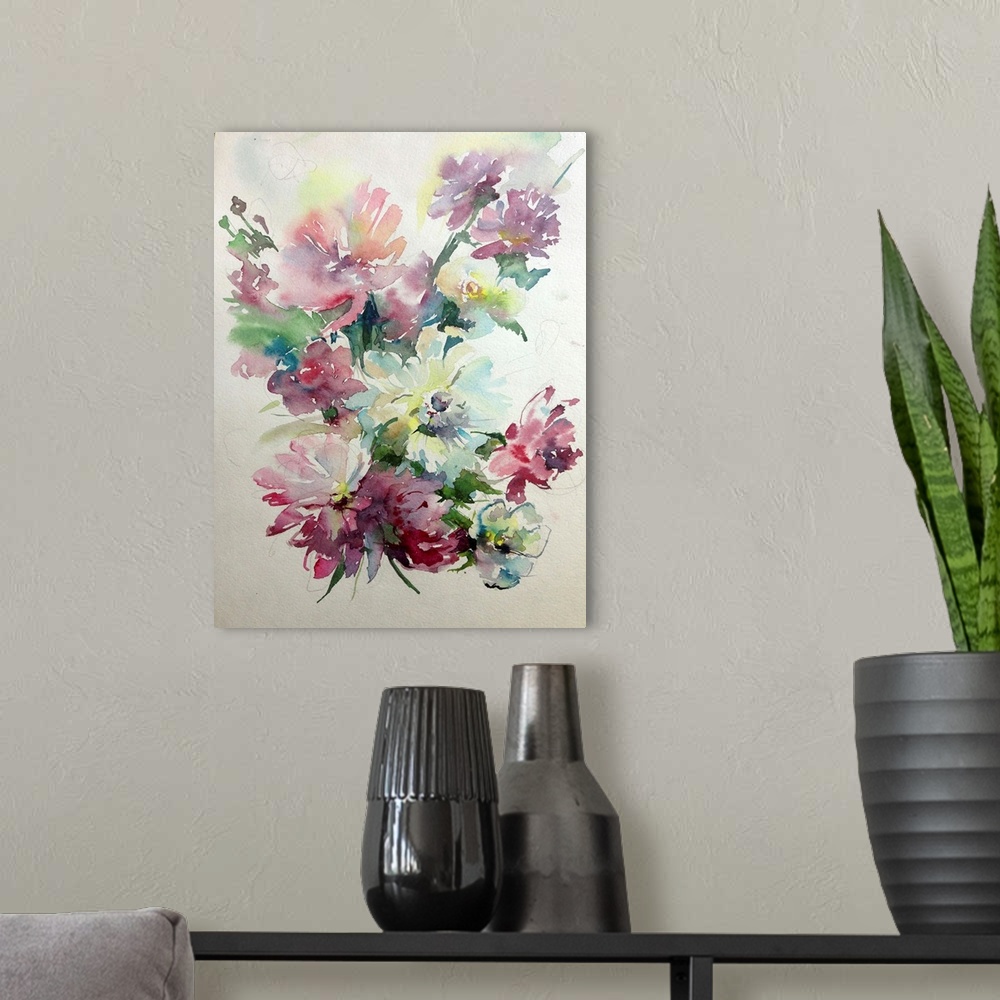 A modern room featuring Beautiful watercolor bouquet of aster flowers.