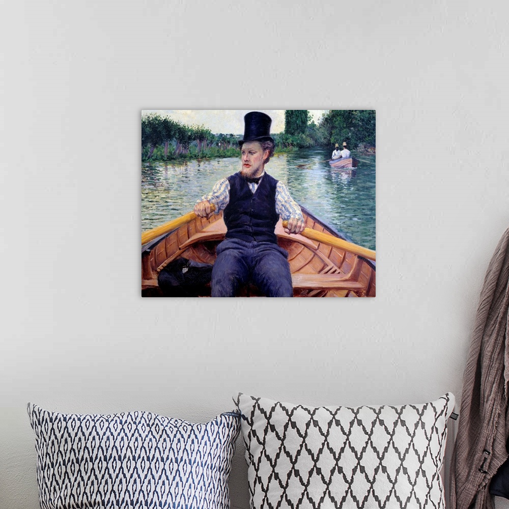 A bohemian room featuring Boating party also called Rower in a Top Hat (Canotier en chapeau haut de forme) - Painting by Gu...