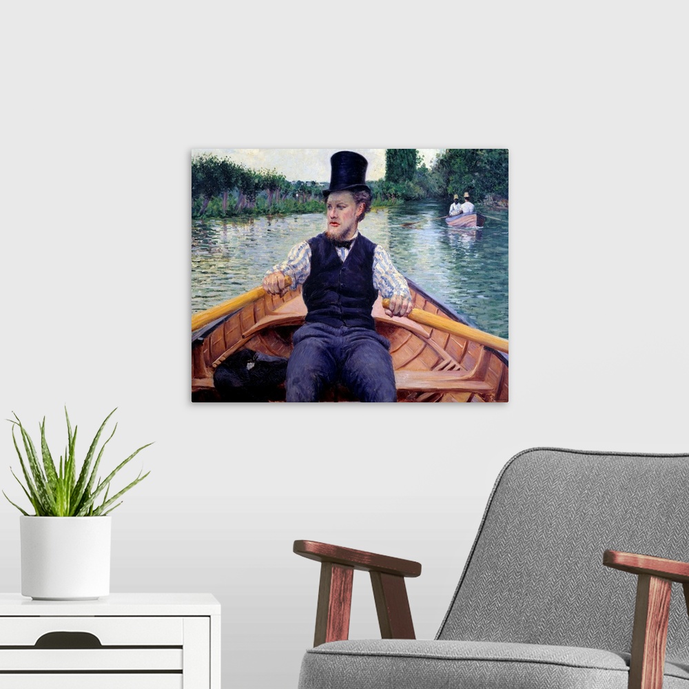 A modern room featuring Boating party also called Rower in a Top Hat (Canotier en chapeau haut de forme) - Painting by Gu...