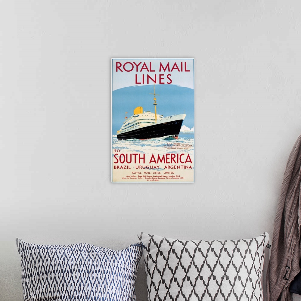 A bohemian room featuring Royal Mail Lines To South America Poster By Jarvis