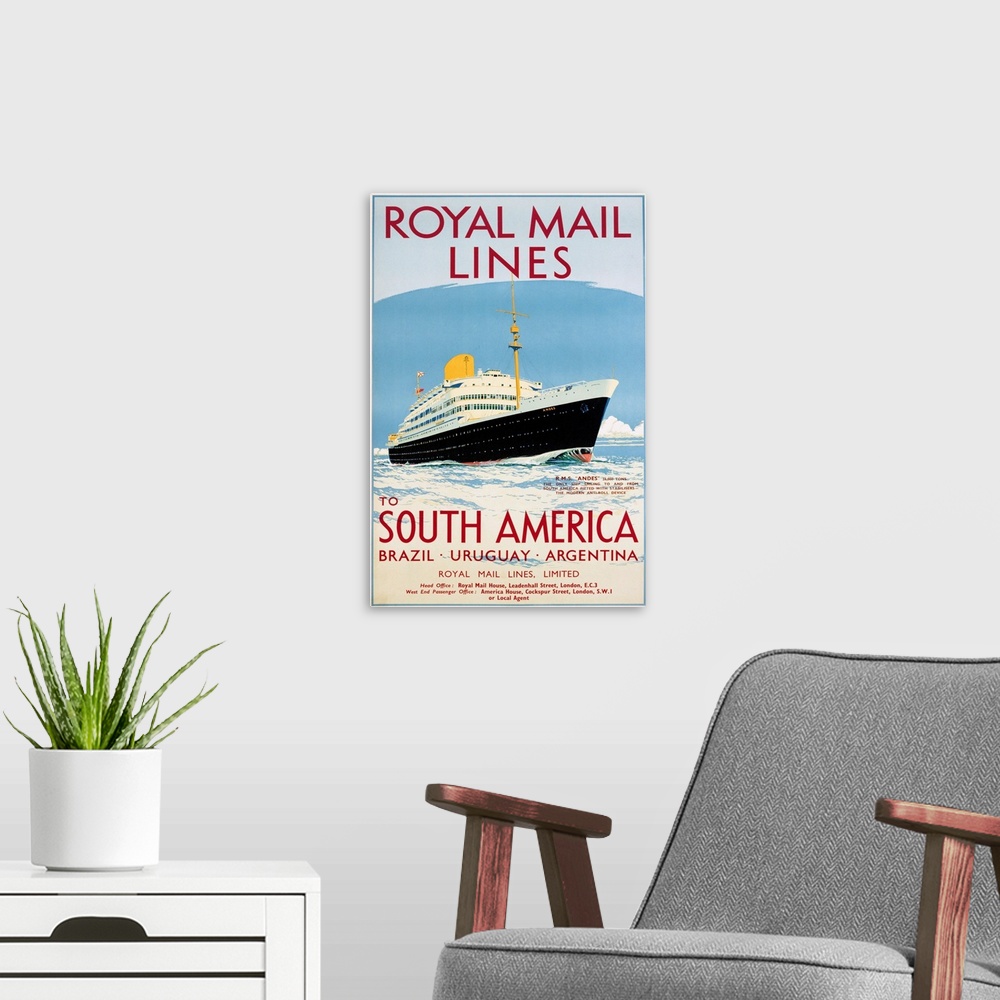 A modern room featuring Royal Mail Lines To South America Poster By Jarvis