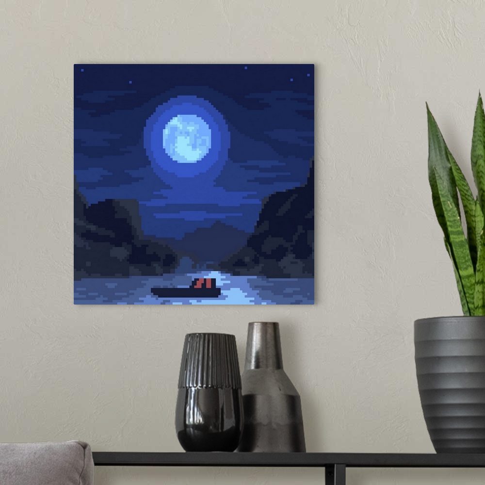 A modern room featuring Rural Lake Night Pixel Art