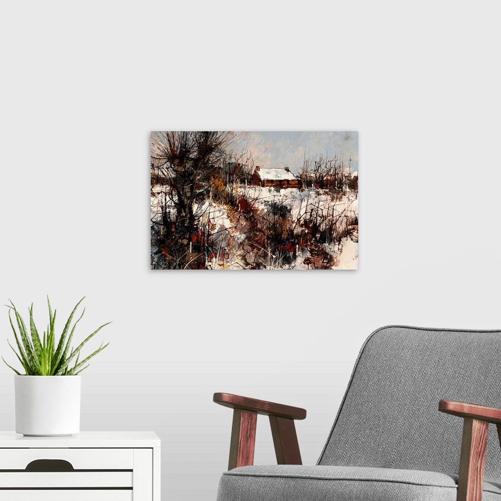 A modern room featuring Oil painting of a rural landscape in winter.