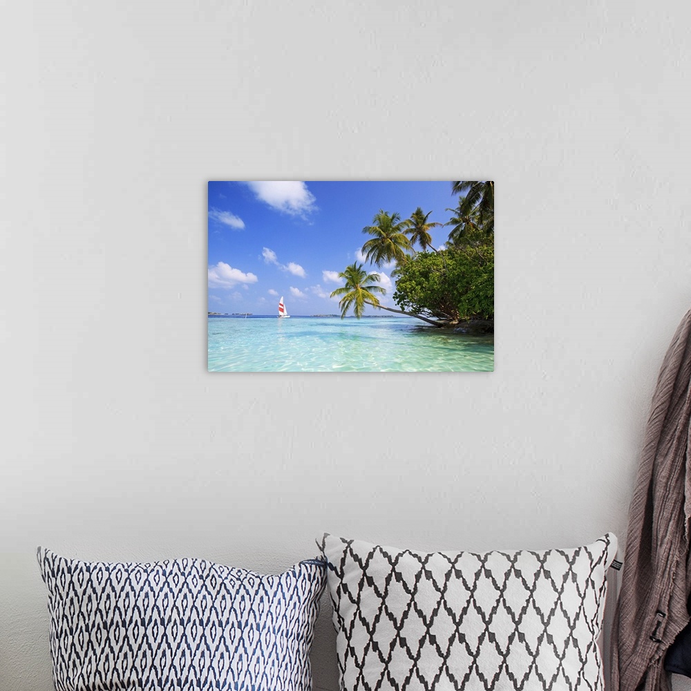 A bohemian room featuring Big, landscape photograph of palm trees swaying over the clear blue waters of the Indian Ocean.  ...