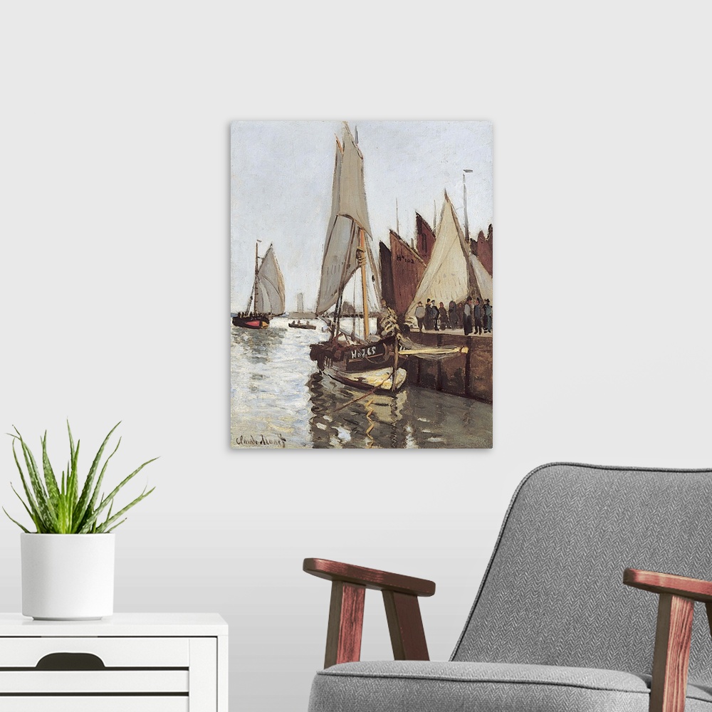 A modern room featuring Sailboat at Honfleur, also known as Study of the Port of Honfleur. 1866. Oil on canvas. Located i...
