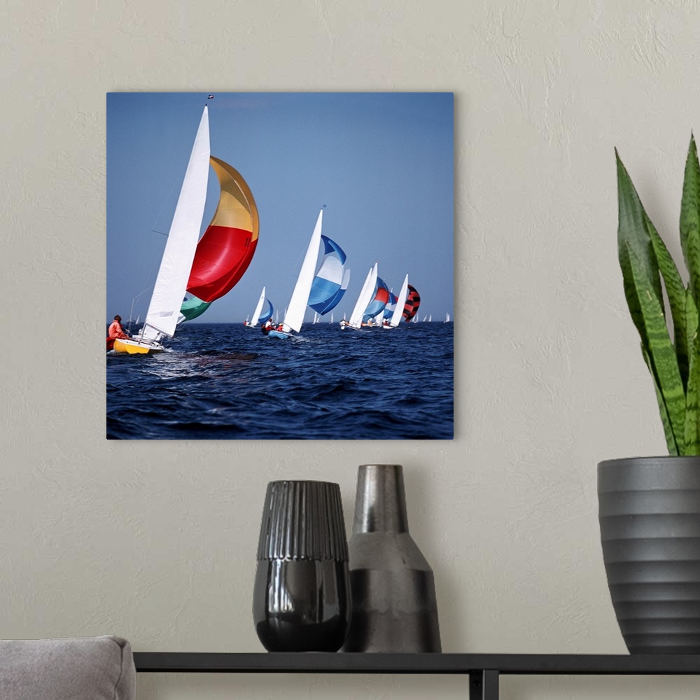 A modern room featuring Big canvas photo art of sailboats sailing in the ocean.