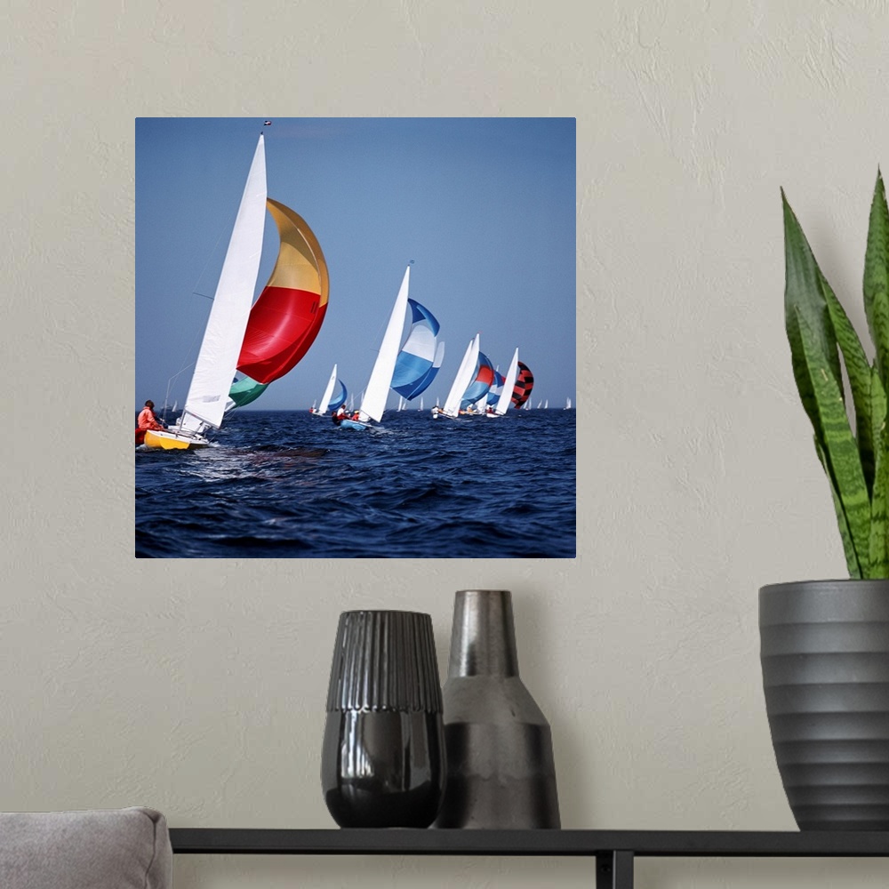 A modern room featuring Big canvas photo art of sailboats sailing in the ocean.
