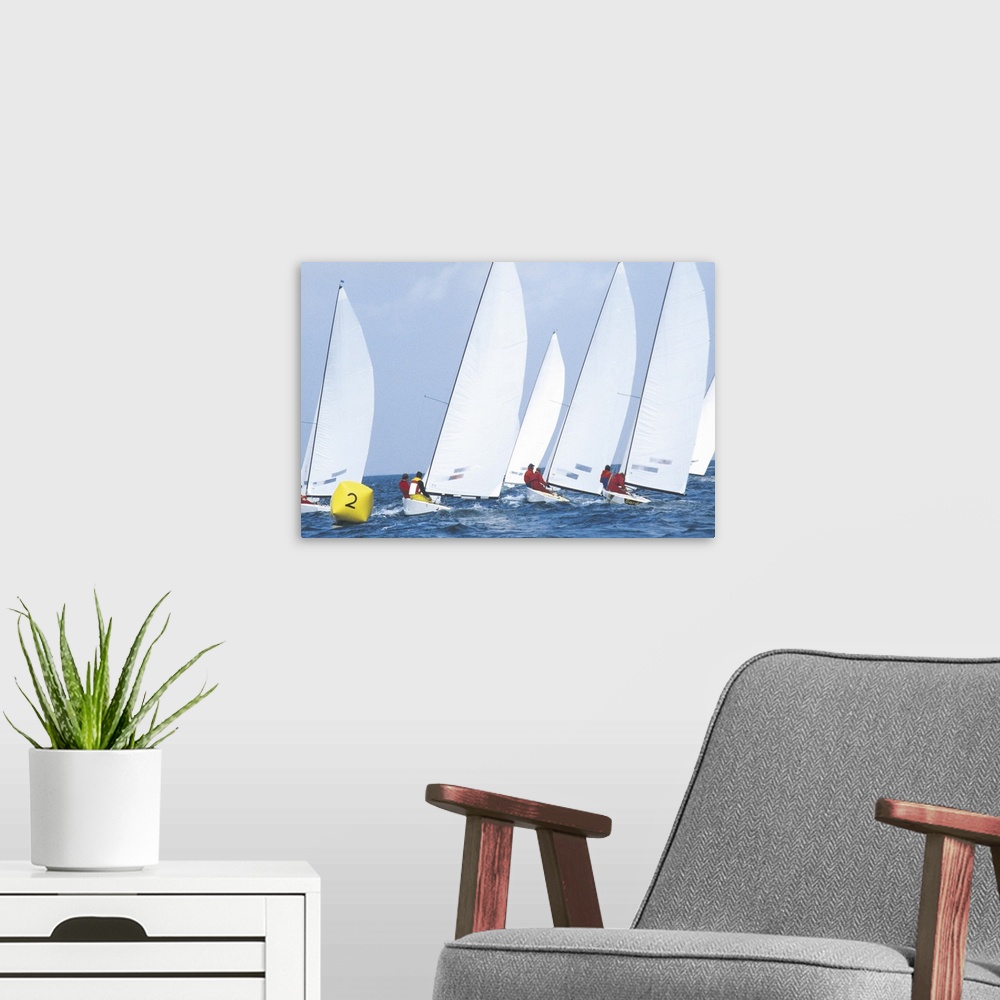 A modern room featuring sailing race