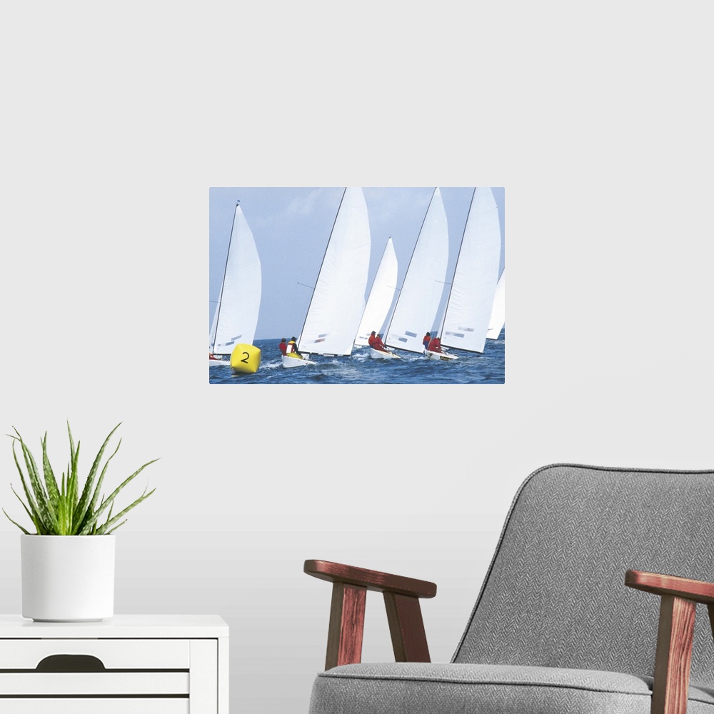 A modern room featuring sailing race