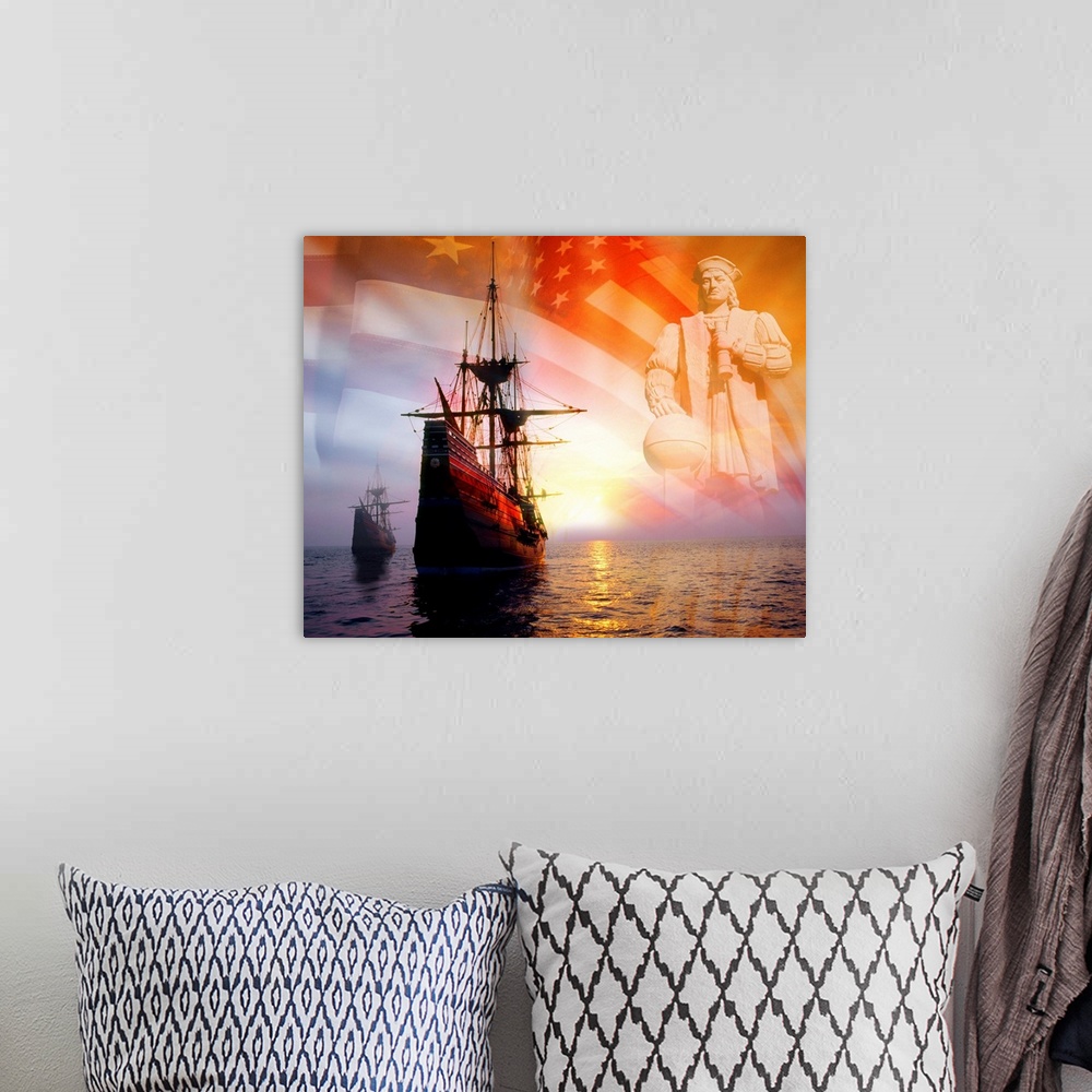 A bohemian room featuring Sailing ships, statue of Christopher Columbus and American flag