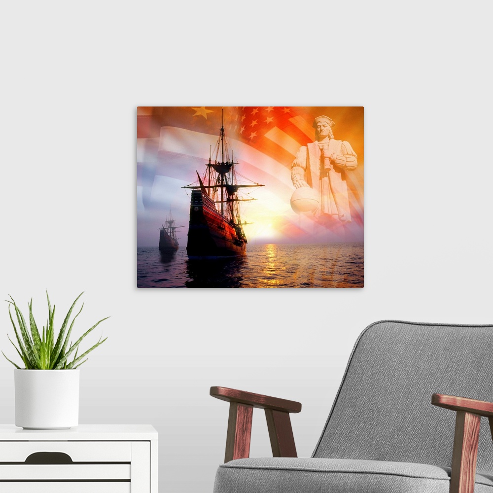 A modern room featuring Sailing ships, statue of Christopher Columbus and American flag