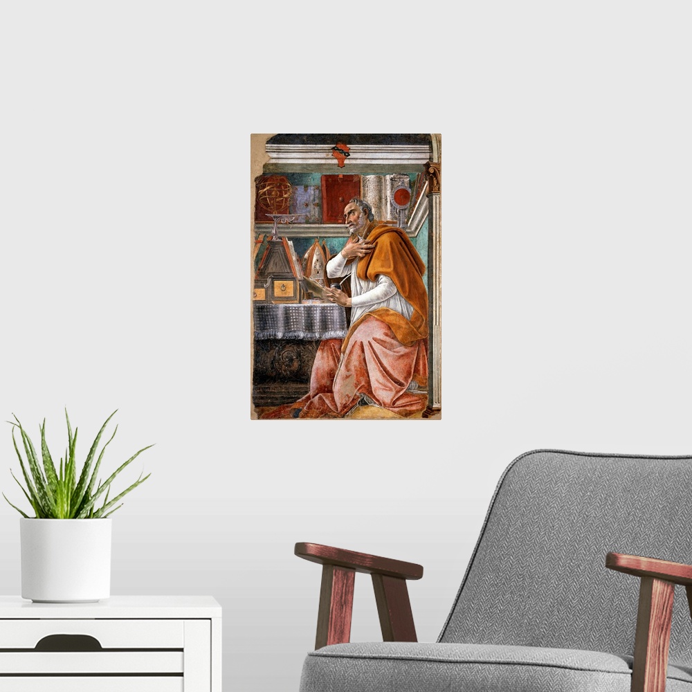 A modern room featuring Saint Augustine (354-430) in His Study - Painting by Sandro Botticelli (1445-1510), fresco, ca. 1...