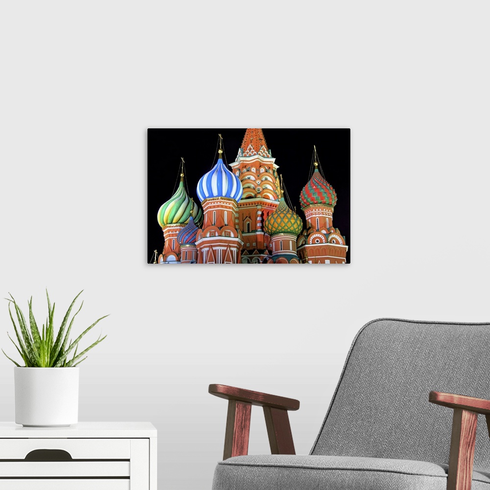 A modern room featuring Saint Basils cathedral on red square, Moscow.