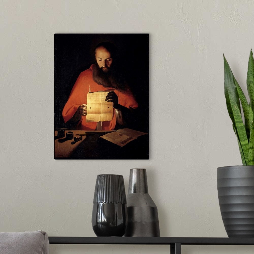 A modern room featuring Saint Jerome reading. Painting by Georges de La Tour (1593-1652), 17th century. Oil on canvas. 0,...