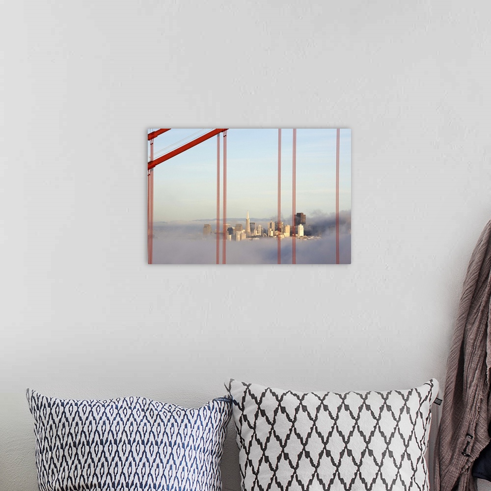 A bohemian room featuring San Francisco in fog through Golden Gate Bridge.