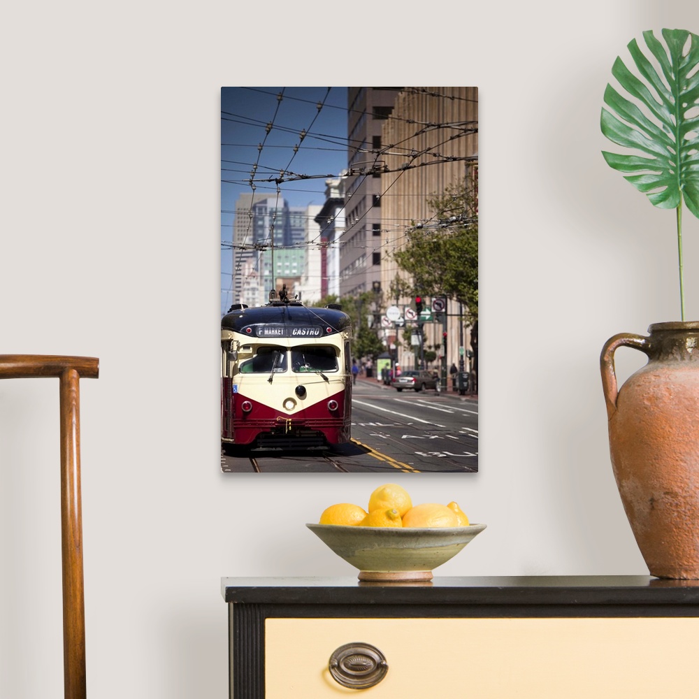 A traditional room featuring An F-line historic streetcar rumbles down Market Street heading West towards the Castro district ...