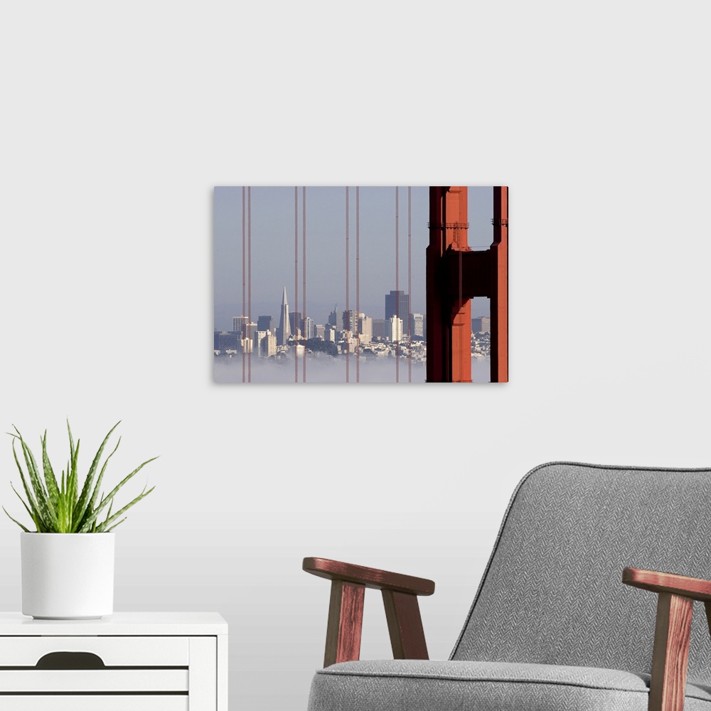 A modern room featuring San Francisco Skyline from Golden Gate Bridge. View is from the Marin Headlands