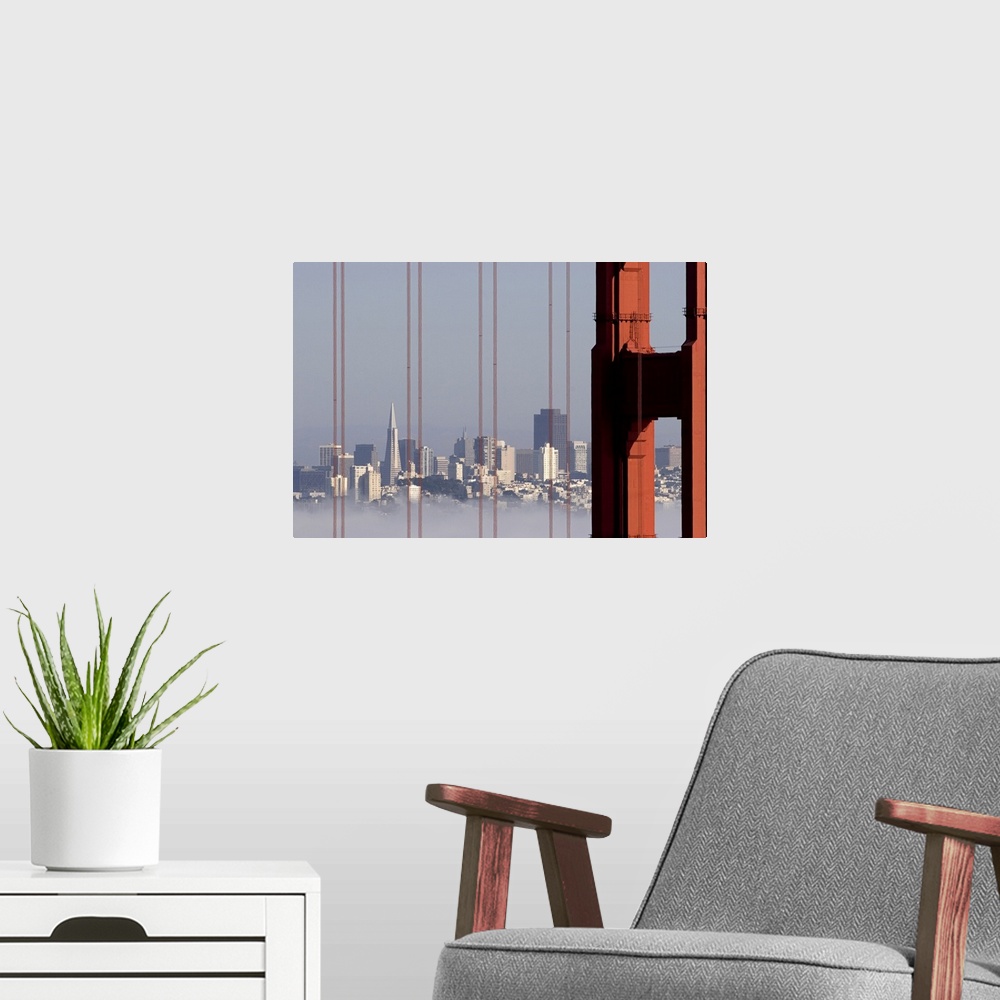 A modern room featuring San Francisco Skyline from Golden Gate Bridge. View is from the Marin Headlands