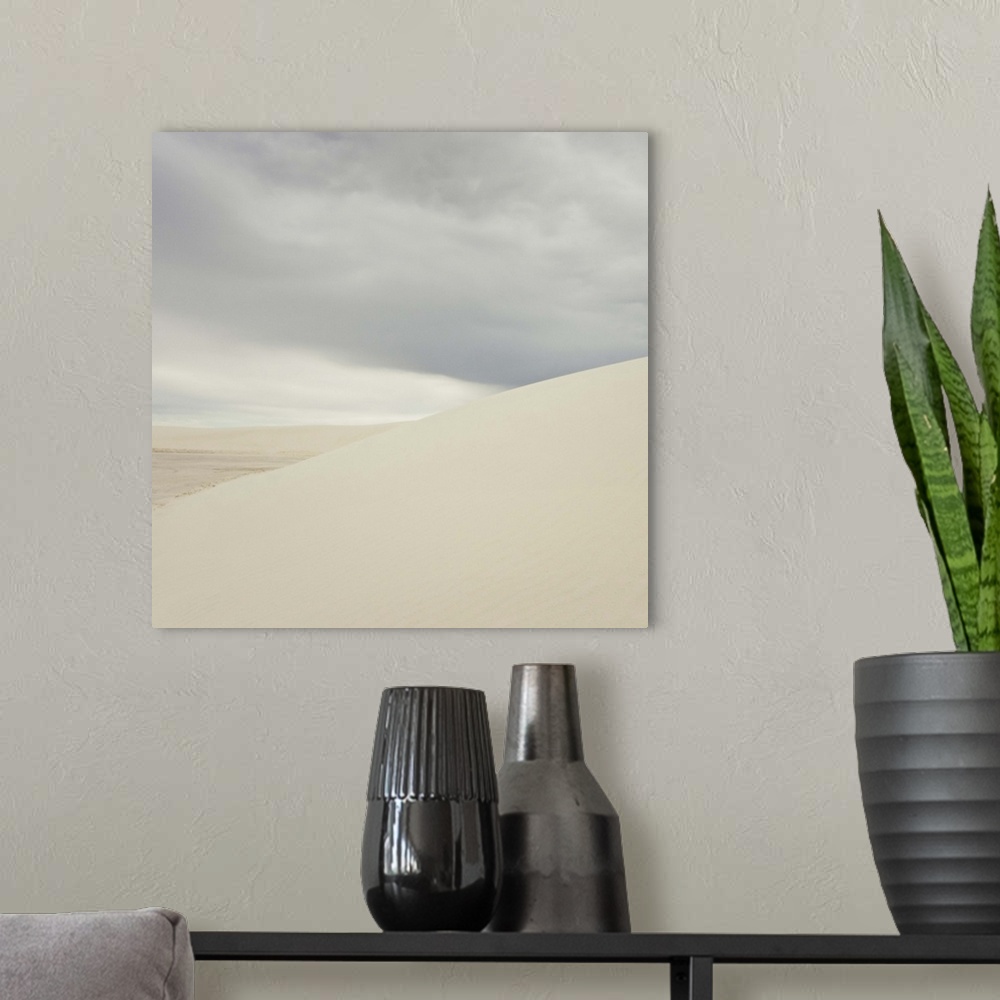 A modern room featuring White sand dunes against cloudy sky.