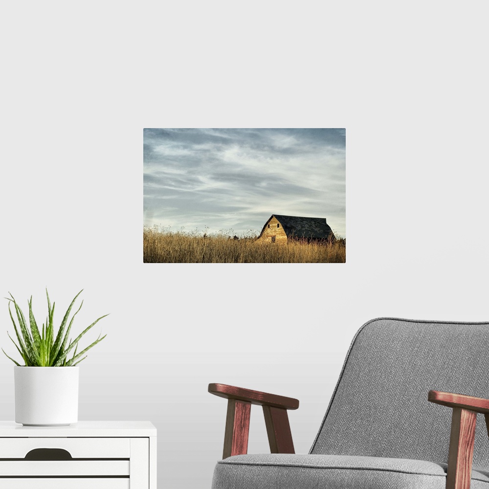 A modern room featuring Roof of barn in field, Canada.