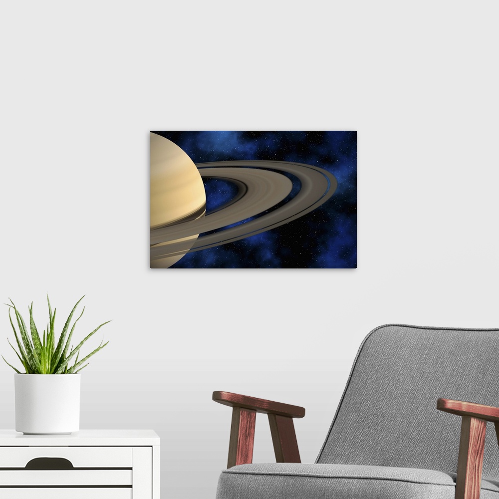 A modern room featuring Saturn planet