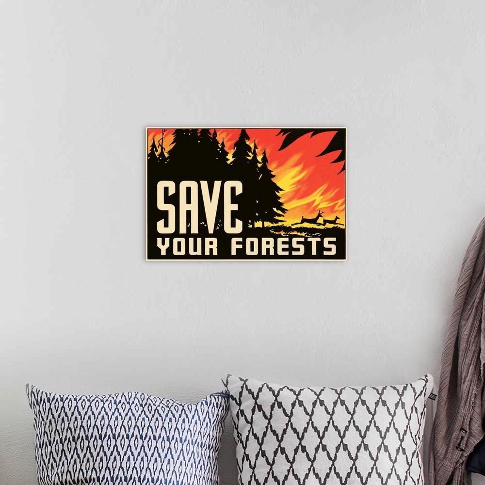 A bohemian room featuring Save Your Forests Poster
