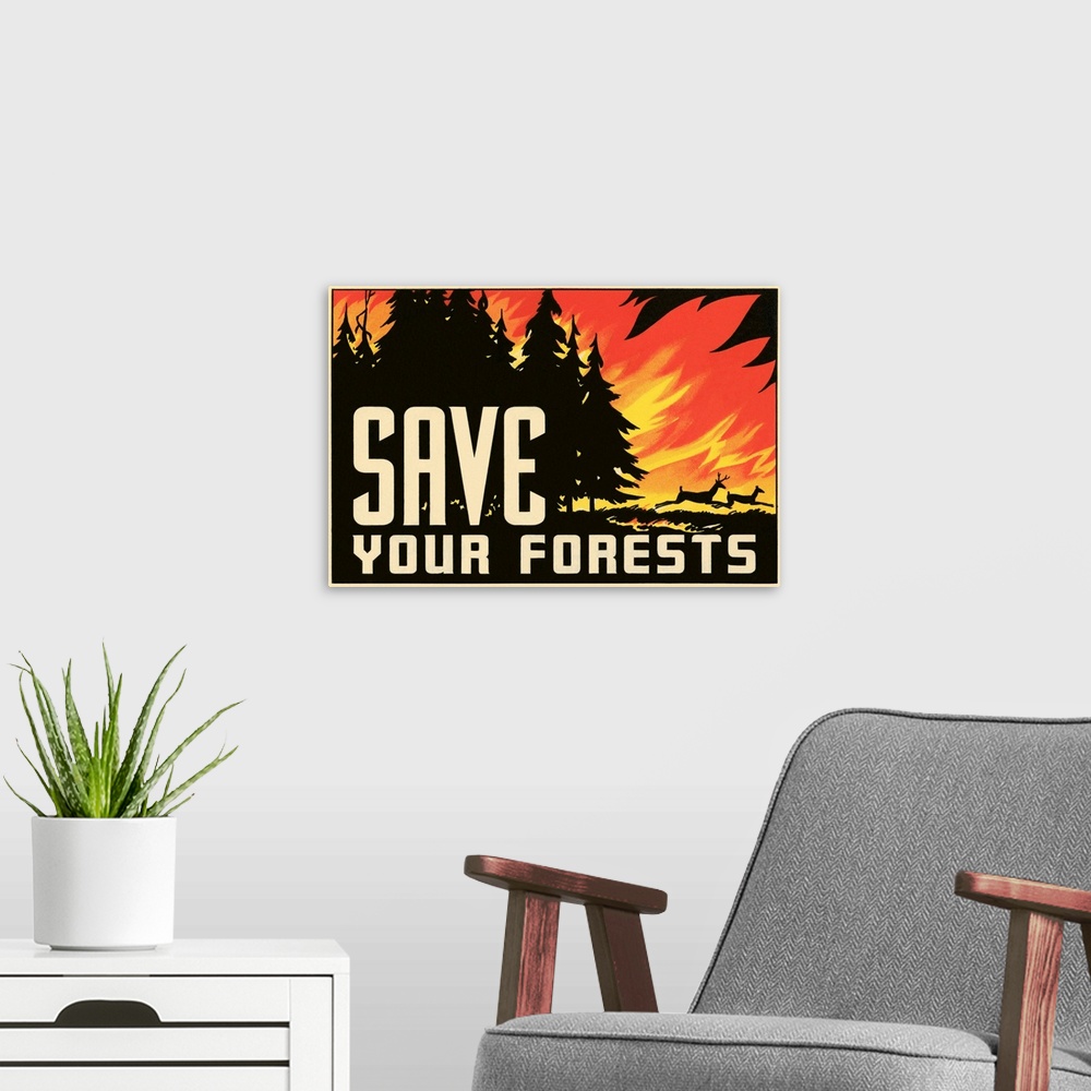 A modern room featuring Save Your Forests Poster