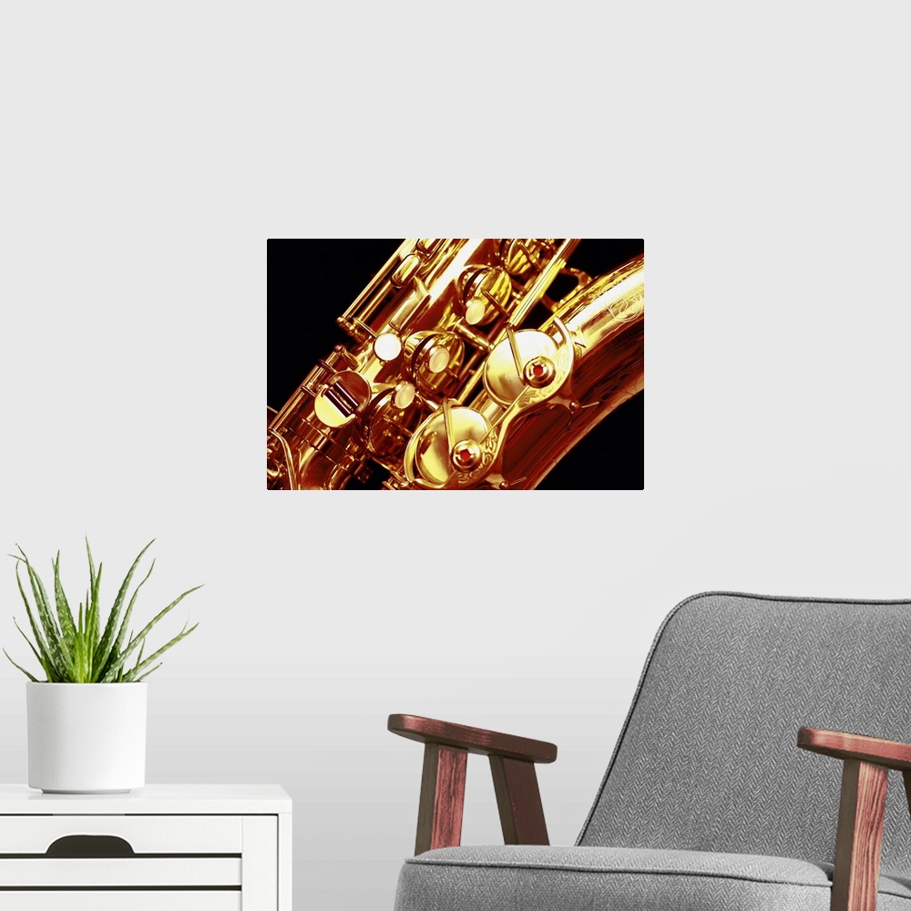 A modern room featuring Saxophone, close-up
