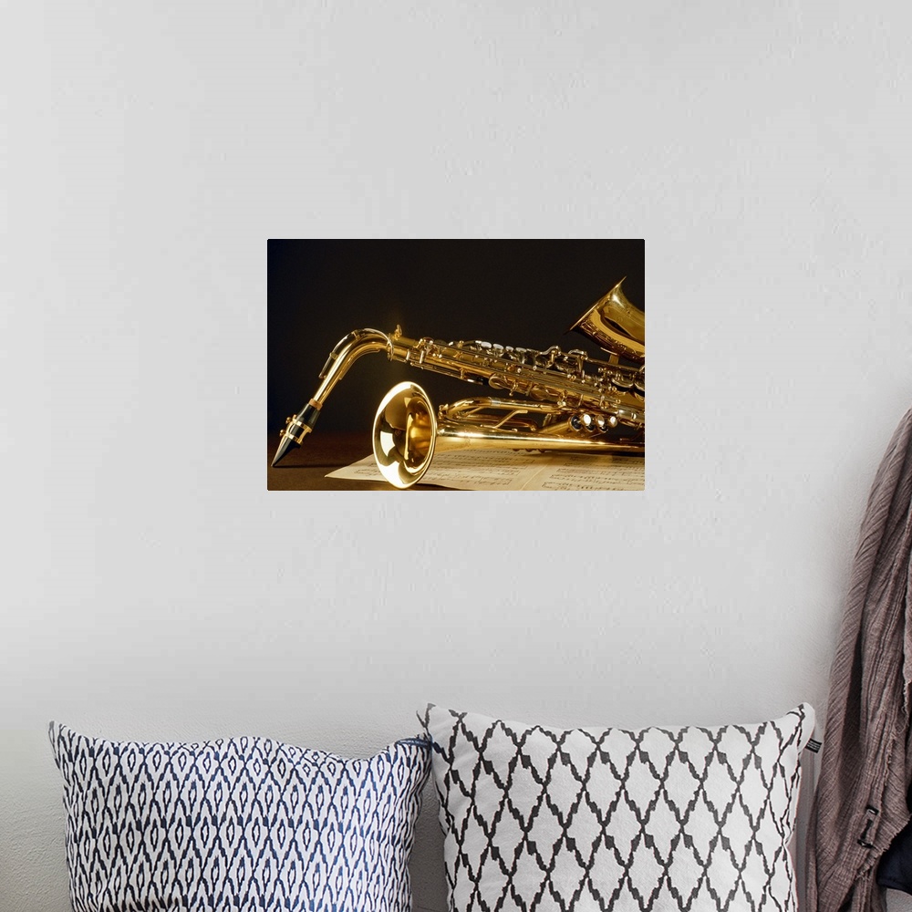 A bohemian room featuring Saxophone with music sheet