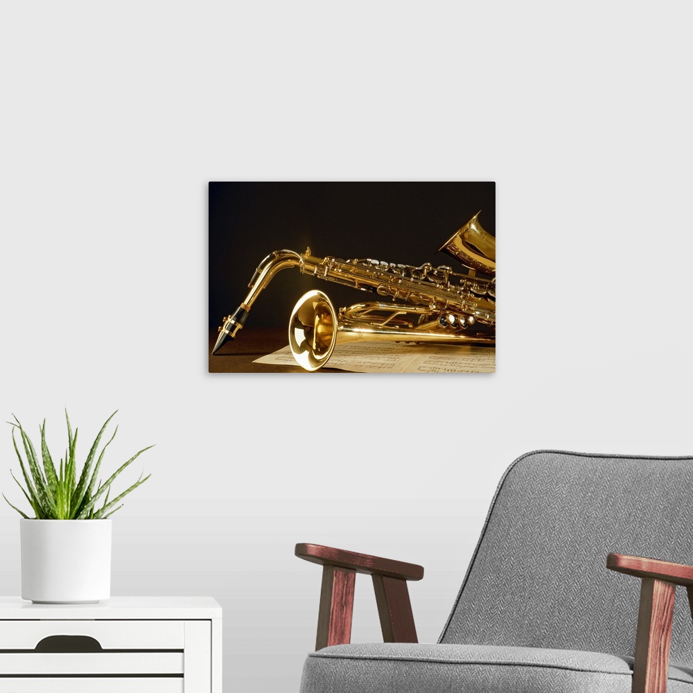 A modern room featuring Saxophone with music sheet