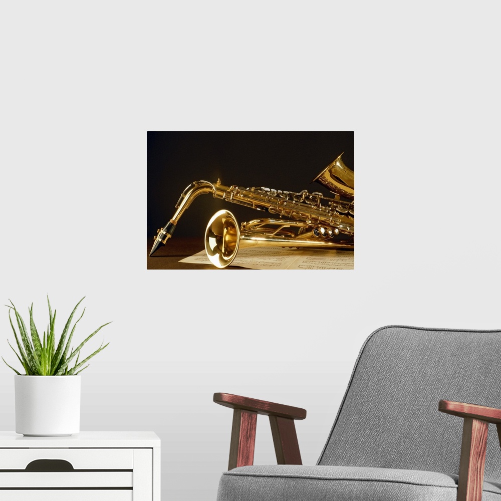 A modern room featuring Saxophone with music sheet
