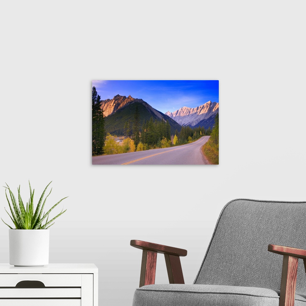 A modern room featuring Scenic mountain road