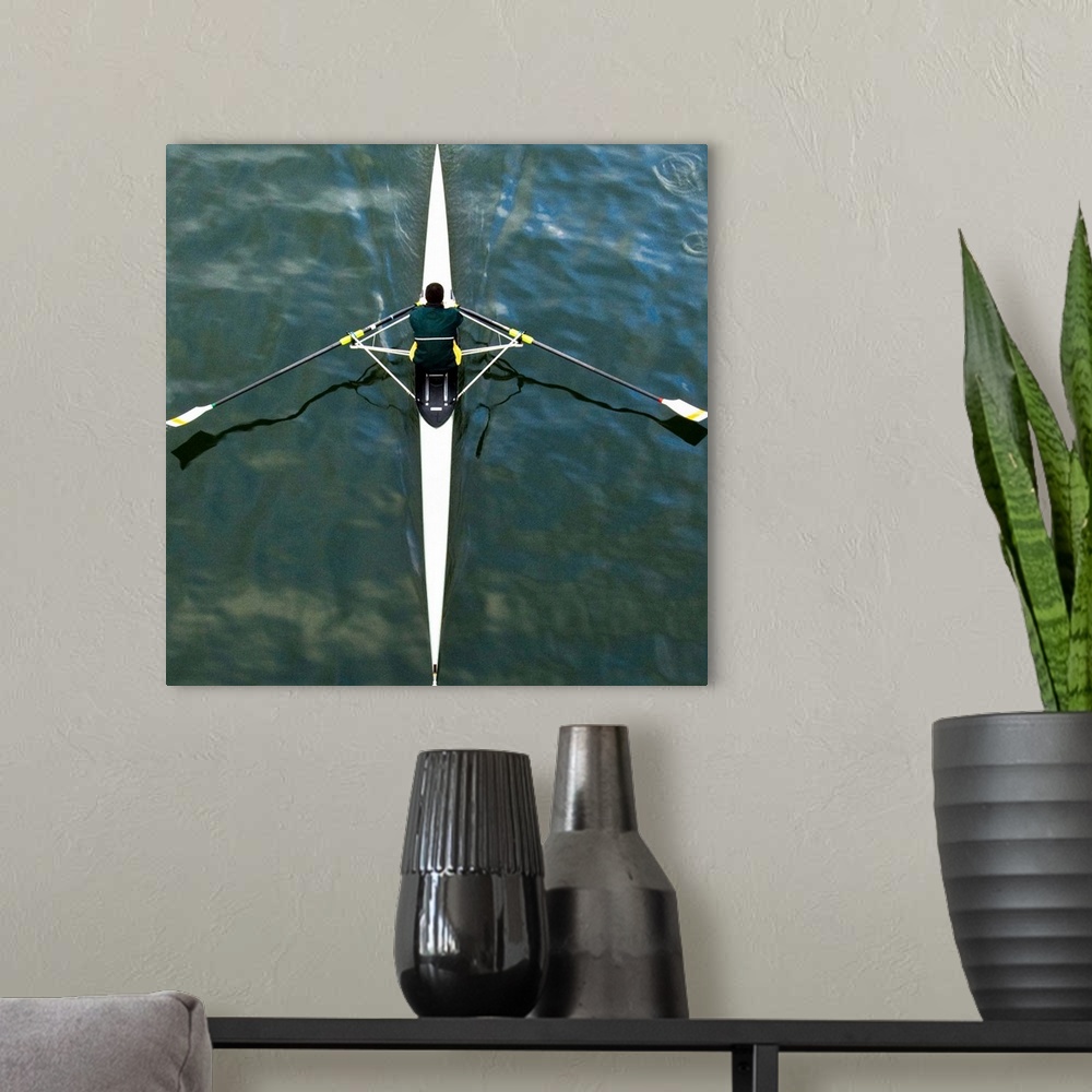 A modern room featuring Scull man square river Seine reflections water rowing