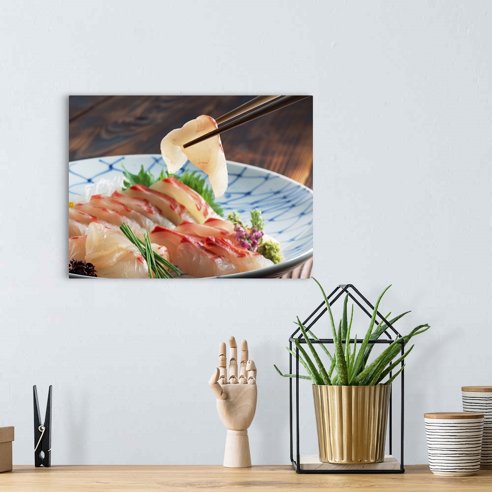 A bohemian room featuring Sea bream sashimi