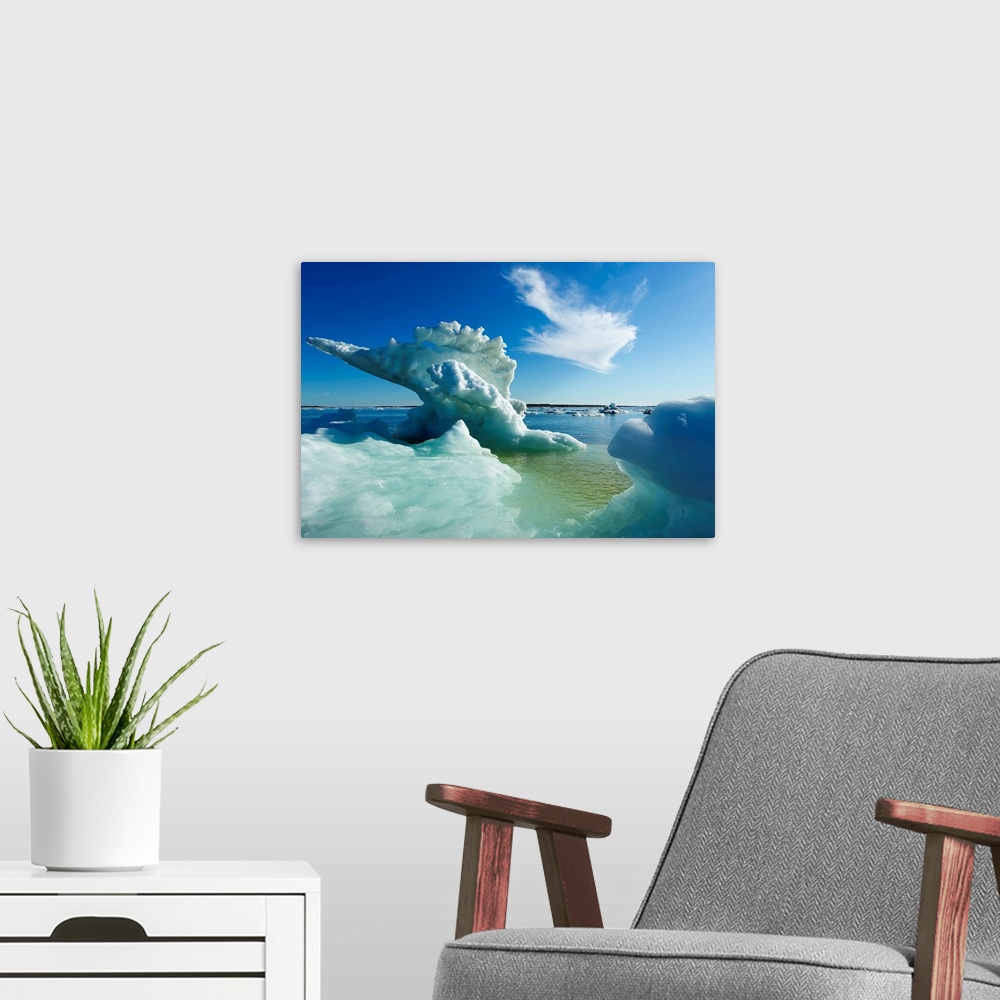 A modern room featuring Canada, Manitoba, Churchill, Melting sea ice and icebergs on Hudson Bay on summer evening