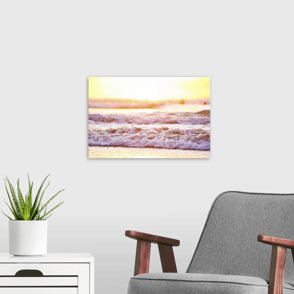 A modern room featuring Sea sunset in Cornwall, Trebetherick, Polzeath, small broken waves.