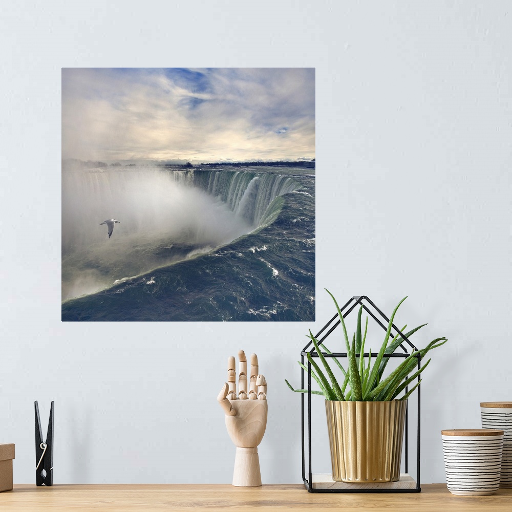 A bohemian room featuring Seagull flying over misty Horseshoe Falls in winter time.