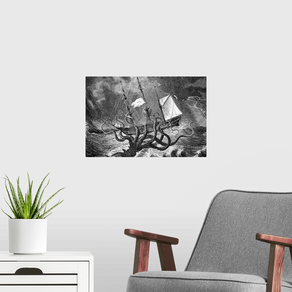 A modern room featuring Seamonsters: The Kraken as seen by the eye of imagination. Undated illustration.