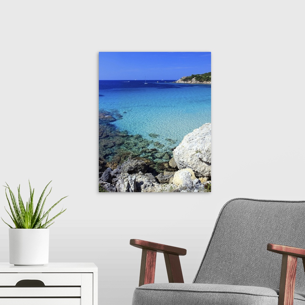 A modern room featuring Seascape in summer at Grand Sperone beach near Bonifacio. Corsica, France