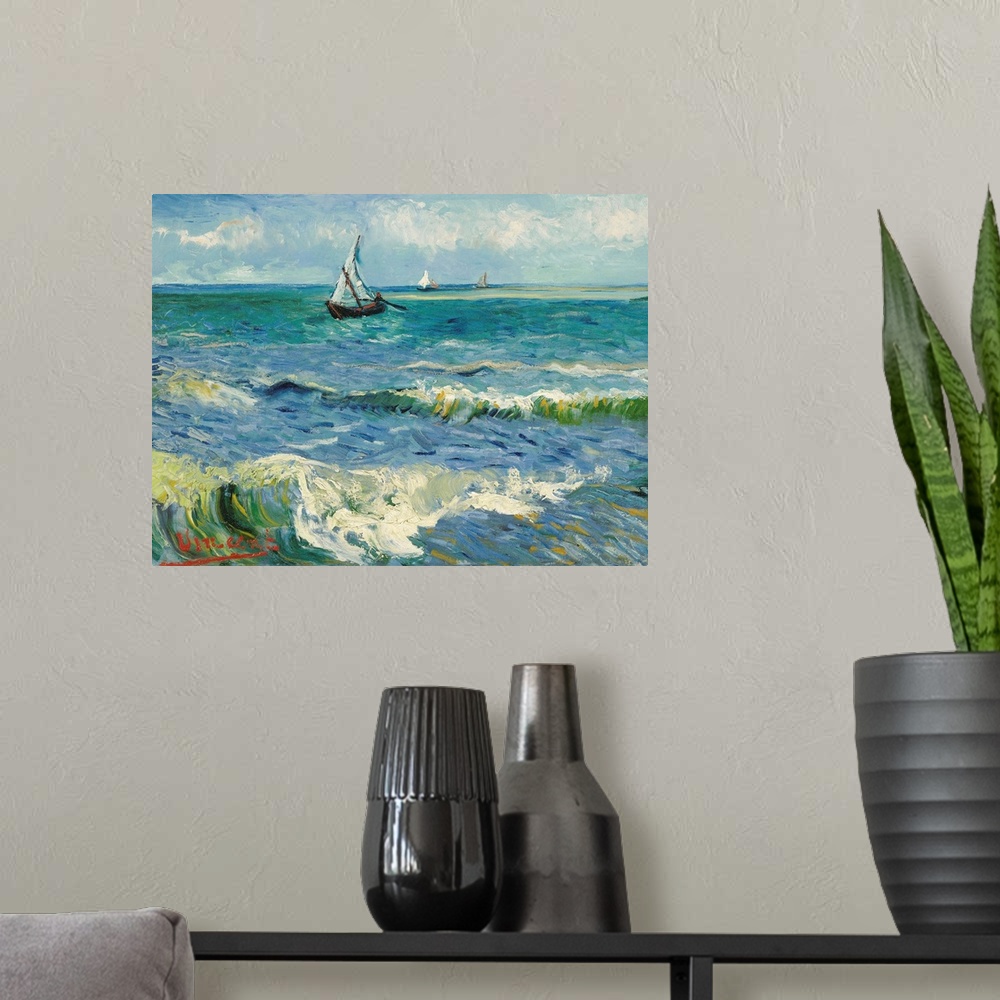 A modern room featuring Vincent van Gogh (Dutch, 1853-1890), Seascape near Les Saintes-Maries-de-la-Mer, 1888. Oil on can...