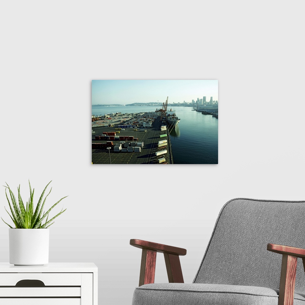 A modern room featuring Seattle Docks waterfront; container shipping, elevated view