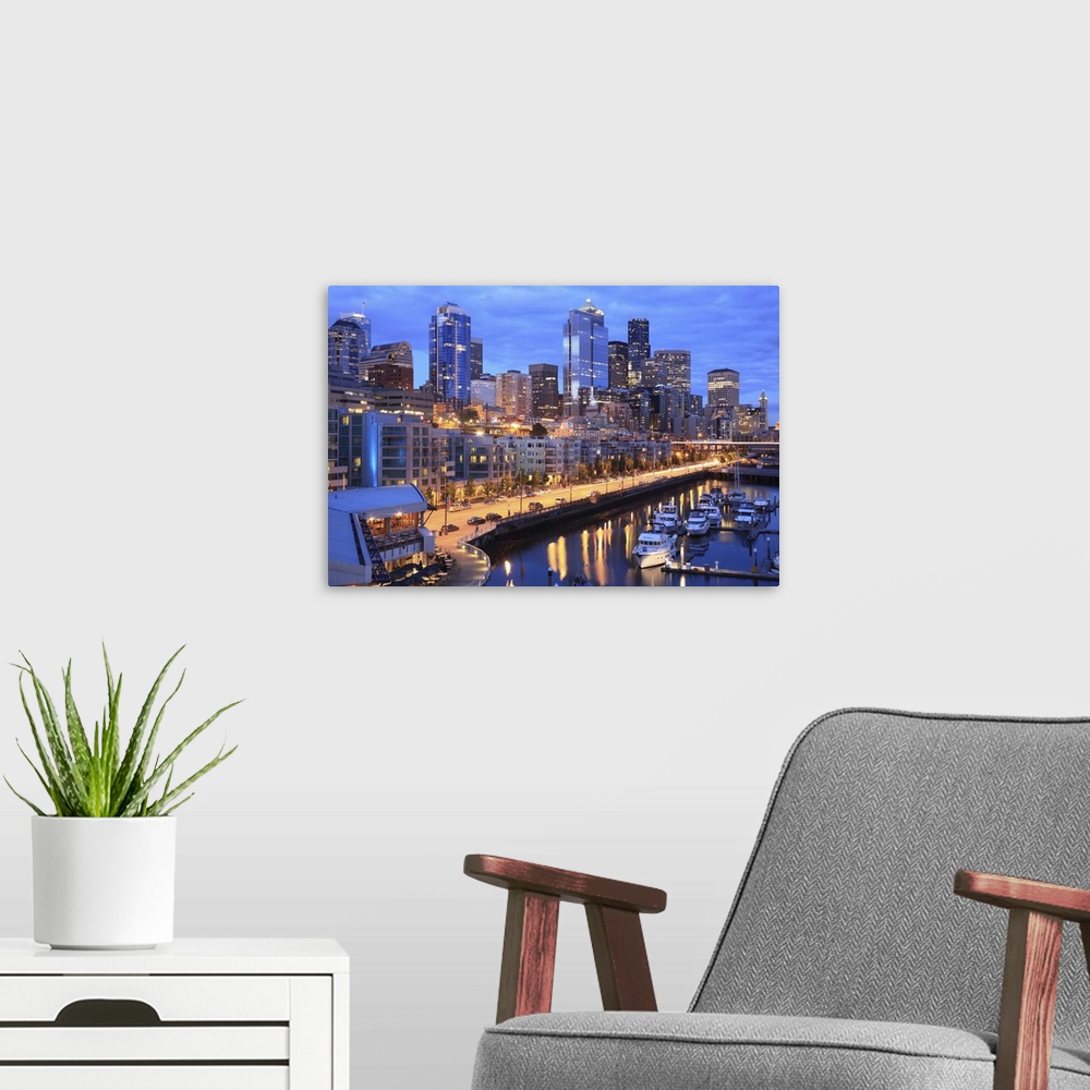 A modern room featuring Seattle skyline and harbor, Washington State