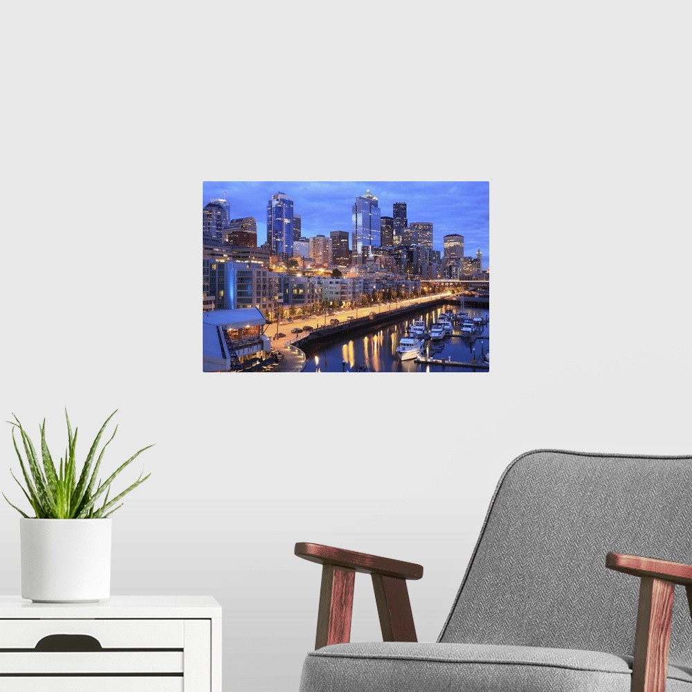 A modern room featuring Seattle skyline and harbor, Washington State