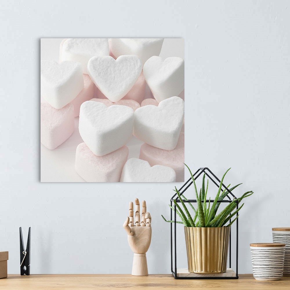 A bohemian room featuring Selection of pink and white heart shaped marshmallows.