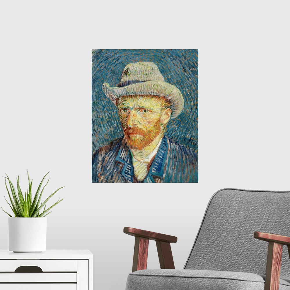 A modern room featuring Vincent van Gogh (Dutch, 18531890), Self-Portrait with Grey Felt Hat, September-October 1887, oil...