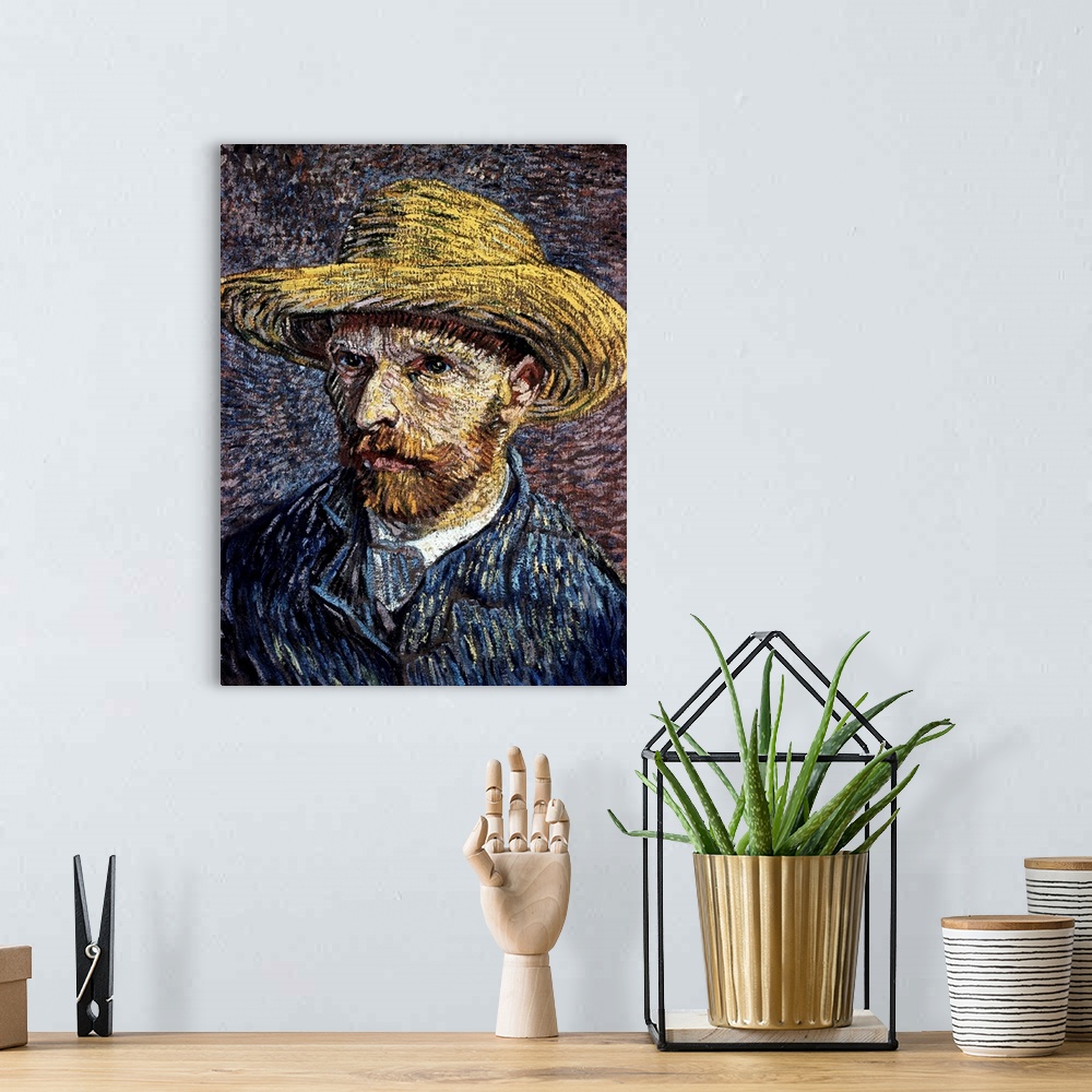 A bohemian room featuring Self-Portrait With Straw Hat By Vincent Van Gogh