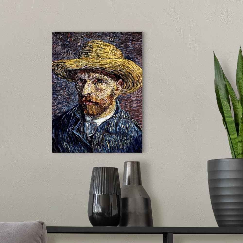 A modern room featuring Self-Portrait With Straw Hat By Vincent Van Gogh
