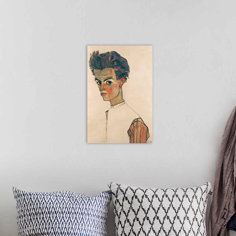 A bohemian room featuring Egon Schiele (Austrian, 18901918), Self-Portrait with Striped Shirt, 1910, pencil and colors on p...