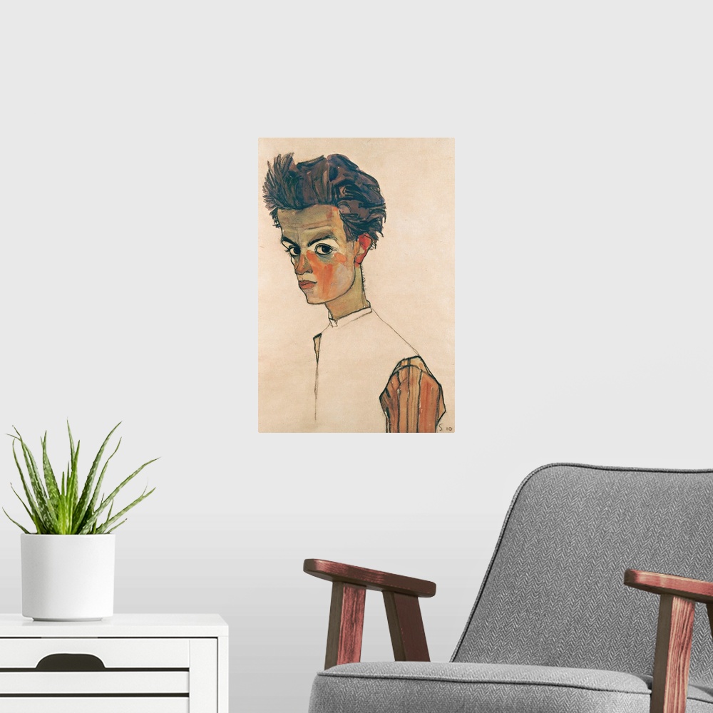 A modern room featuring Egon Schiele (Austrian, 18901918), Self-Portrait with Striped Shirt, 1910, pencil and colors on p...