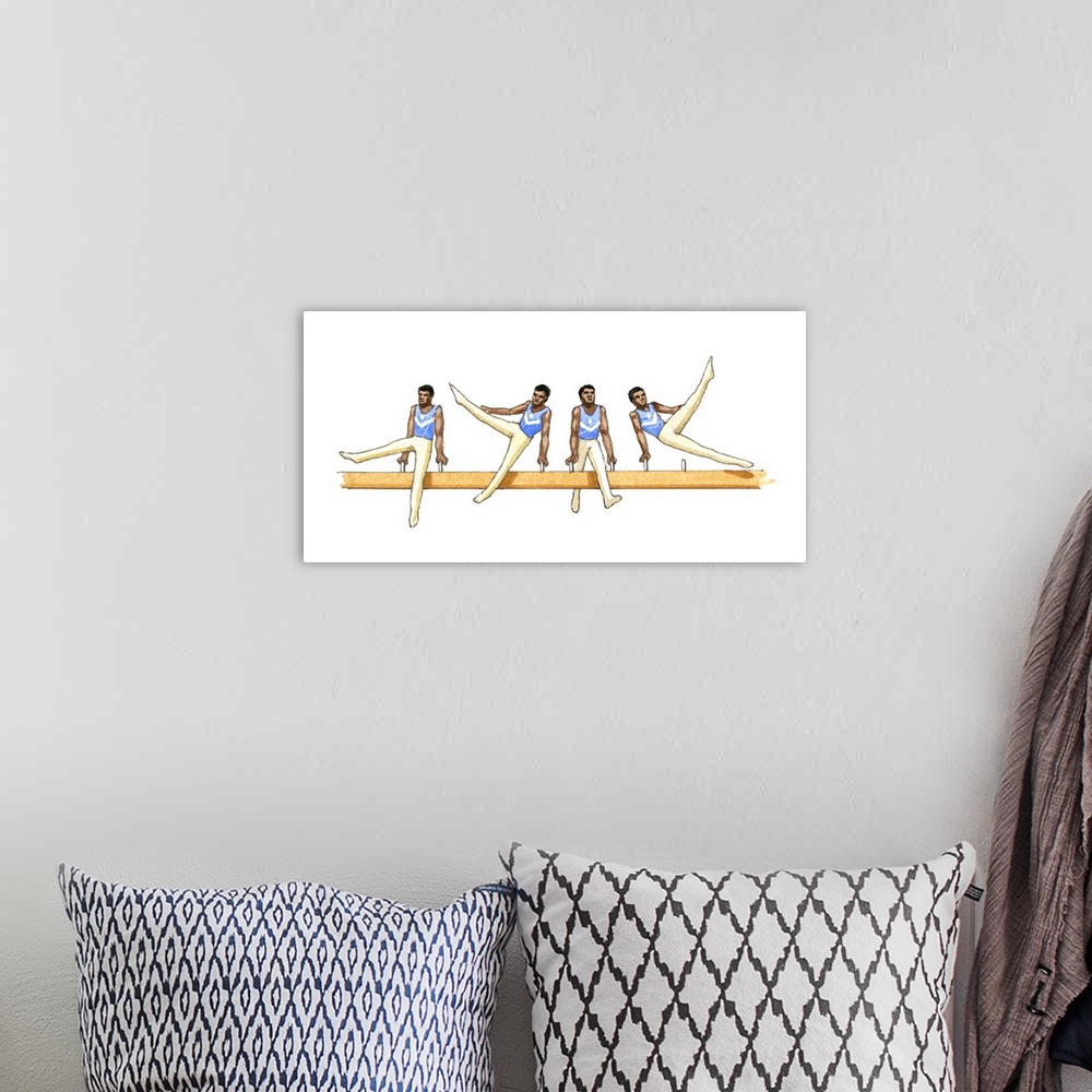 A bohemian room featuring Sequence of illustrations showing male gymnast competing on pommel horse
